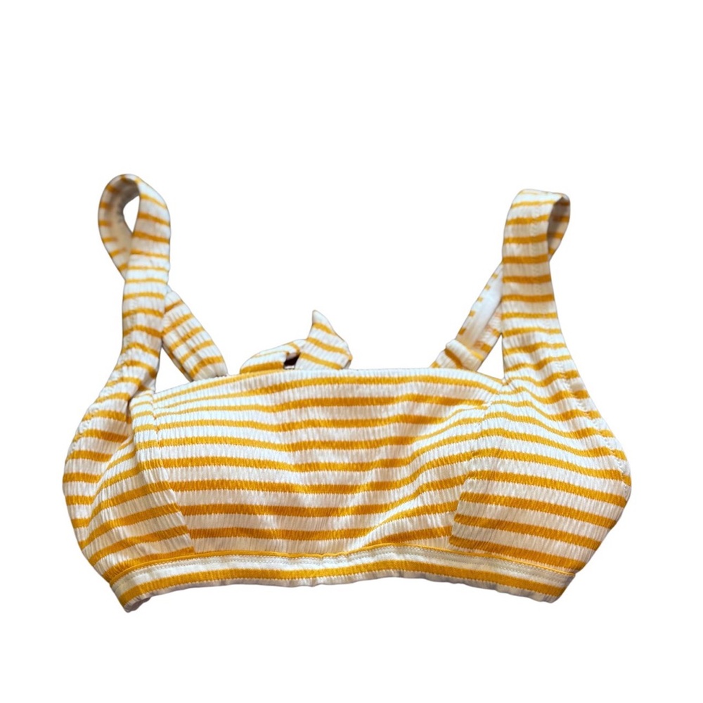 Jessica Simpson Yellow White Striped Bikini Top Tie Back Ribbed Swim Size M